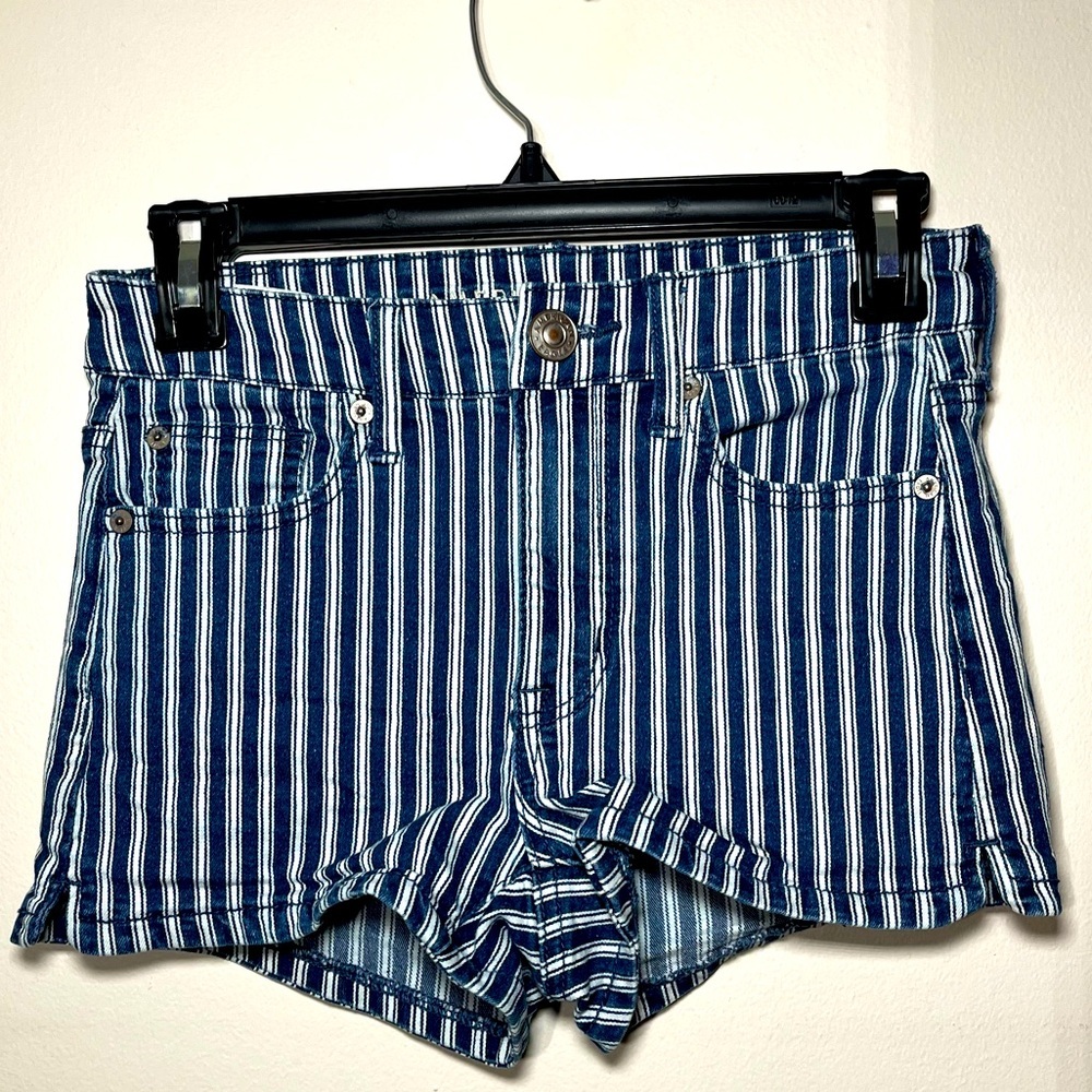 American Eagle size 2 Hi-Rise Shortie Dark Blue and White Striped Denim Shorts